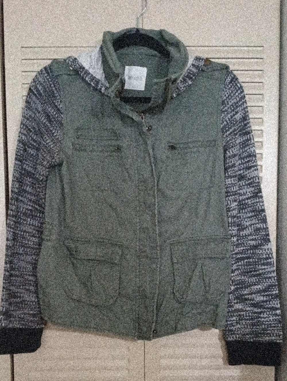 Mudd Olive Green Utility Jacket with Gray Knit Sleeves
